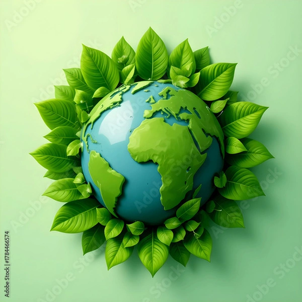 Fototapeta 3D illustration of Earth surrounded by fresh green leaves, representing ecology, nature conservation, and environmental sustainability on a soft green background. Perfect for eco-friendly themes.