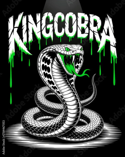 Fototapeta Striking illustration of a fierce king cobra with open fangs and dripping green text design on a black background. Bold and detailed artwork perfect for apparel, tattoo, or poster design.