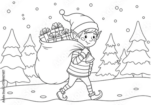Obraz Christmas elf walking through snowy forest carrying sack of gifts