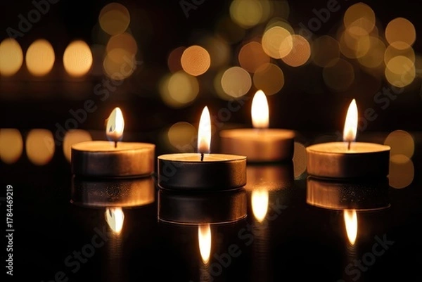Fototapeta Four lit tealight candles, reflecting on a dark surface, with out-of-focus golden bokeh