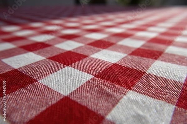Obraz Angled close-up of a red and white checkered tablecloth, capturing textures and patterns