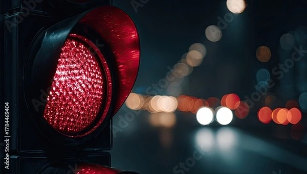 Obraz Close-up of a red traffic light illuminated at night, with blurred car headlights in the distance