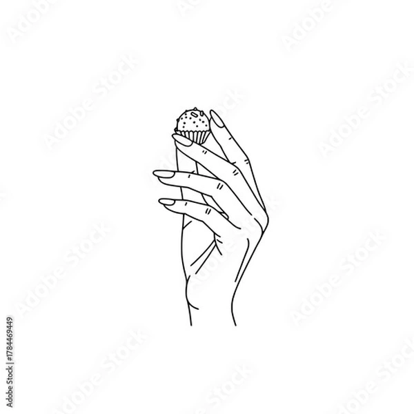 Fototapeta An icon of a beautiful female hand holding a truffle candy, representing the concepts of sweets and desserts
