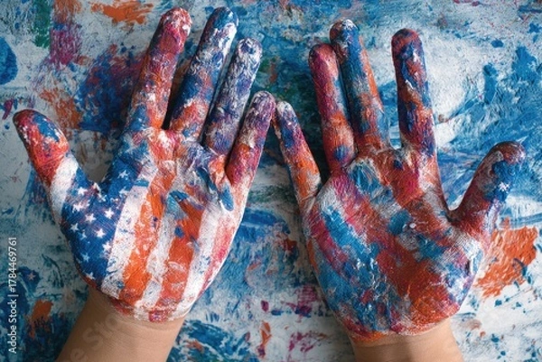 Fototapeta Hands are painted with a patriotic design against a paint-splattered blue and white surface