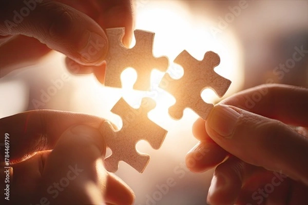 Fototapeta Close-up of hands holding three puzzle pieces, with bright sunlight shining through