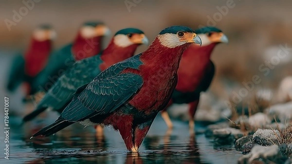 Fototapeta Crested caracara bird stands in shallow water as its flock mates stand behind