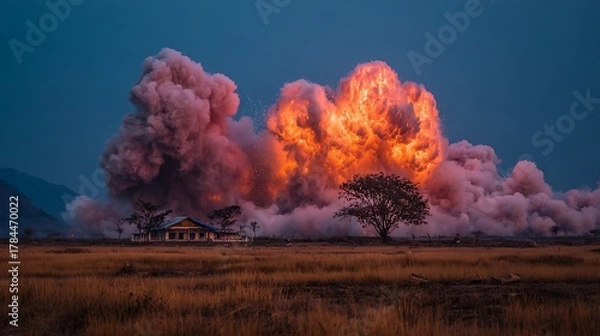 Fototapeta Enormous explosions erupt near a dilapidated building amid a tranquil, desolate landscape at twilight