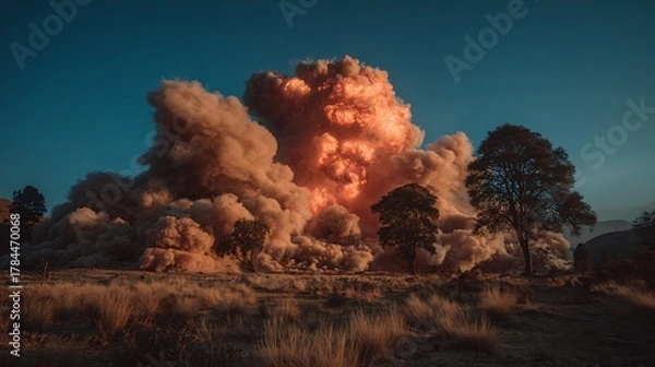 Fototapeta Fiery orange blast obscures landscape trees under blue sky casting long shadows in the field