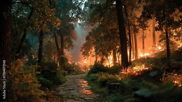 Fototapeta Forest is ablaze, burning intensely as seen from a rocky trail amidst the trees