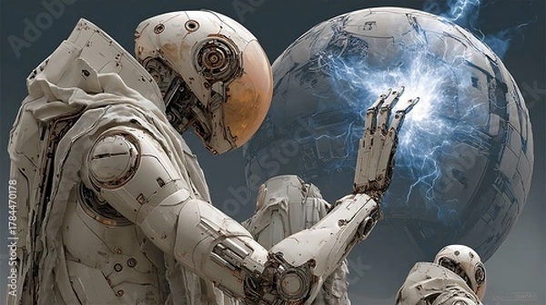 Fototapeta Futuristic astronaut touches glowing orb amidst detailed scifi setting, creating an engaging atmosphere