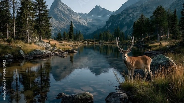 Fototapeta Majestic deer stands proudly near the serene lake reflecting the towering mountains behind it