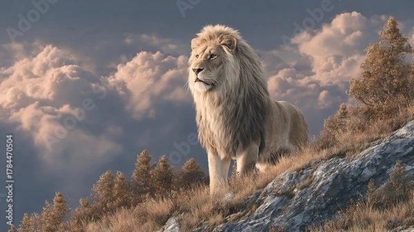 Fototapeta Majestic male lion surveys the golden landscape from a rocky hillside against the cloudy sky