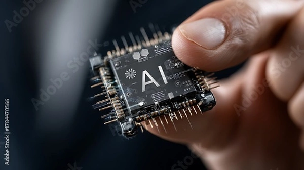 Fototapeta Person holds a dark microchip labeled with AI, showcasing intricate digital circuit details clearly