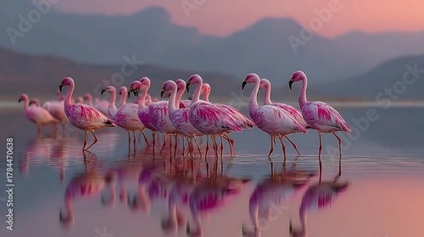 Fototapeta Several Andean flamingos wade through shallow waters reflecting the twilight mountain landscape beautifully