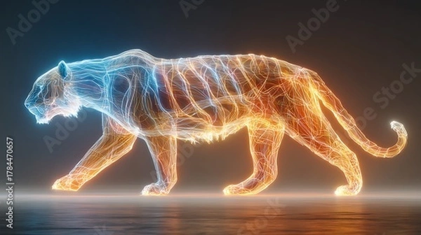 Fototapeta Striking electric tiger, glowing in blue and orange, confidently strides forward with fierce energy