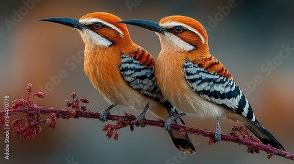 Fototapeta Two beautiful rufouscrowned motmots perch together calmly on a vibrant, textured branch in nature