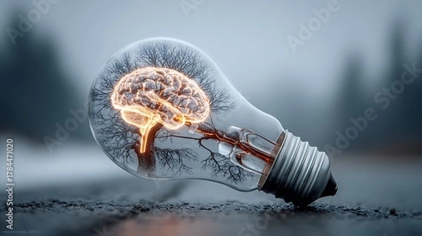 Fototapeta A glowing brain inside a light bulb sits on a surface surrounded by tree branches