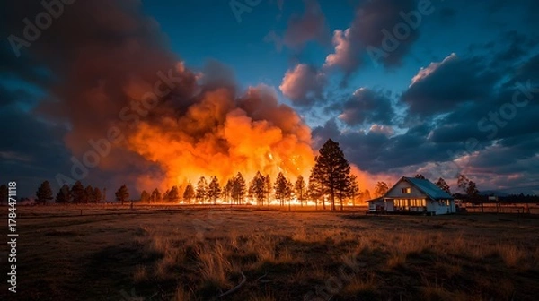Fototapeta A picturesque house stands near a raging fire consuming a row of trees dramatically