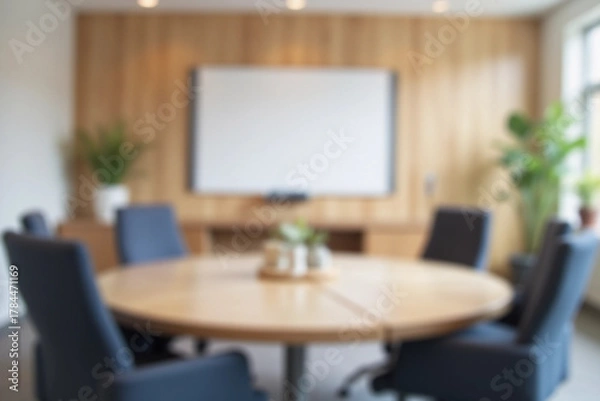Fototapeta Blurred background of modern conference room with circular table, soft lighting and whiteboard, designed for collaborative meetings and professional discussions in a corporate environment.