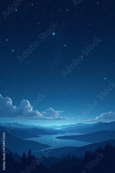 Fototapeta Scenic night view of mountains, lake, and starry sky with clouds in blue tones