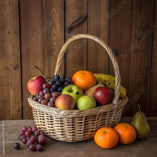 Fototapeta Fruit basket with apples, bananas, oranges, and grapes on wooden surface, natural light