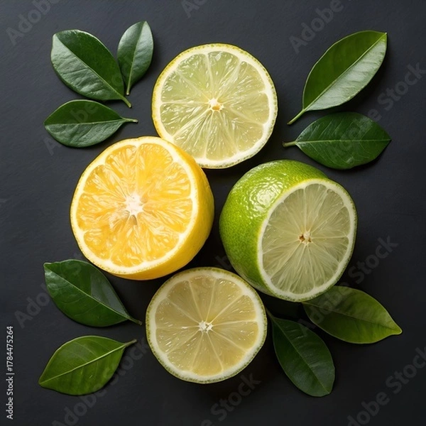 Fototapeta Citrus lemon and lime slices with green leaves, macro close-up, vitamin C healthy food concept