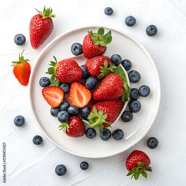 Fototapeta Fresh blueberries, strawberries, and raspberries on white plate, top view, natural light fruit photography