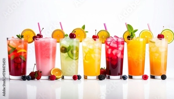 Fototapeta Eight colorful fruit juices or cocktails with garnishes on white surface for editorial beverage photography wellness decor and poetic refreshment-themed visuals