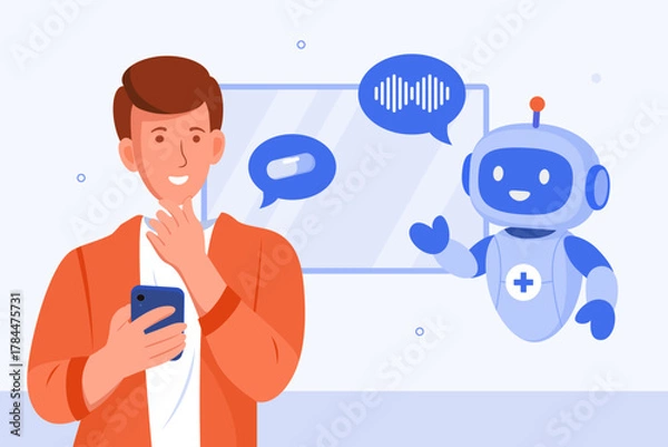 Fototapeta Thoughtful male patient using a smartphone, interacting with an AI medical chatbot about medication via voice. Voice healthcare assistant illustration concept.