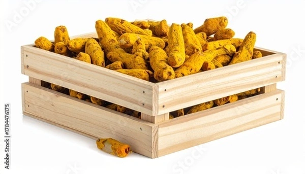 Fototapeta Wooden crate filled with turmeric roots on rustic surface for editorial food photography wellness decor and poetic vitality-themed visuals