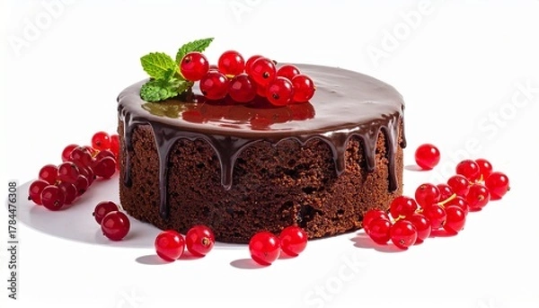 Obraz Chocolate cake slice with ganache topping and red currants on parchment paper for editorial dessert photography gourmet decor and poetic indulgence-themed visuals