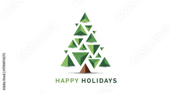 Fototapeta Modern abstract geometric christmas tree made of green triangles with a brown trunk and happy holidays text