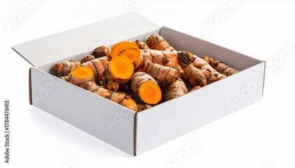 Fototapeta Wooden crate filled with turmeric roots on rustic surface for editorial food photography wellness decor and poetic vitality-themed visuals