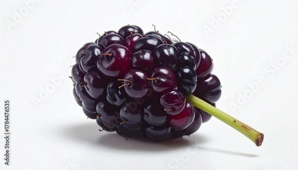 Obraz Close-up of single mulberry fruit with green stem on white background for editorial botanical photography food decor and poetic simplicity-themed visuals