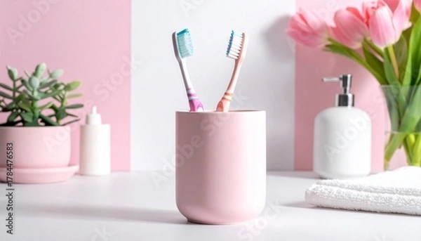 Fototapeta Toothbrushes in pink cup with pastel background and green plant for editorial hygiene photography bathroom decor and poetic routine-themed visuals