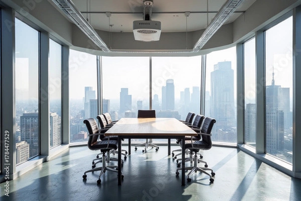 Fototapeta Conference room. Modern office with windows and city view.