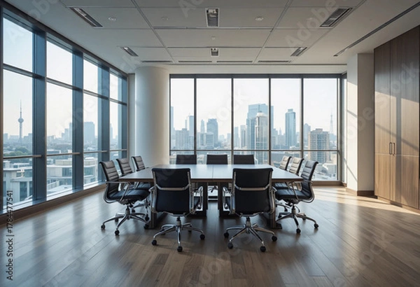 Fototapeta Conference room. Modern office with windows and city view.