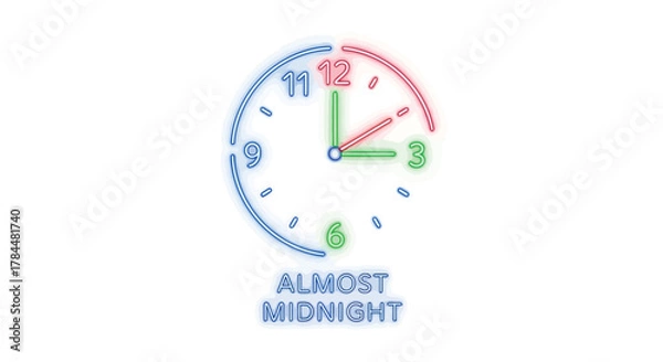 Fototapeta Neon clock face glowing with blue red and green lights showing almost midnight with the words almost midnight below
