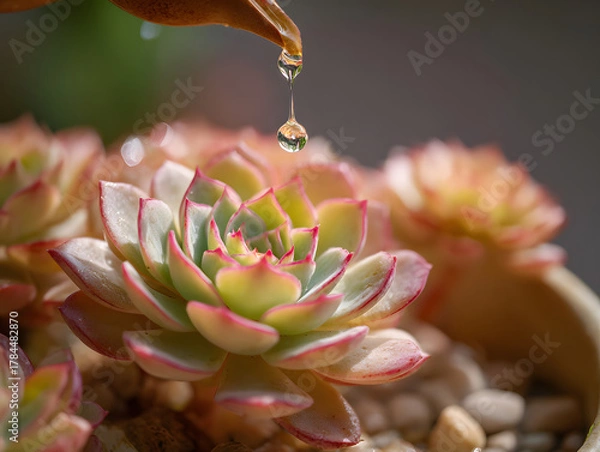 Obraz Succulent plant with pink edges surrounded by pebbles, water droplet falling onto leaf, close up, natural light, calm and fresh atmosphere