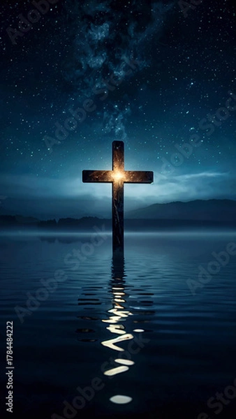 Fototapeta wooden cross standing in calm water, “Light Over the Waters