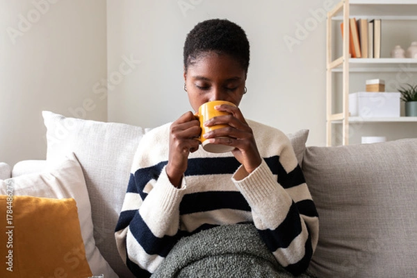 Obraz Woman relaxing on sofa drinking hot beverage at home