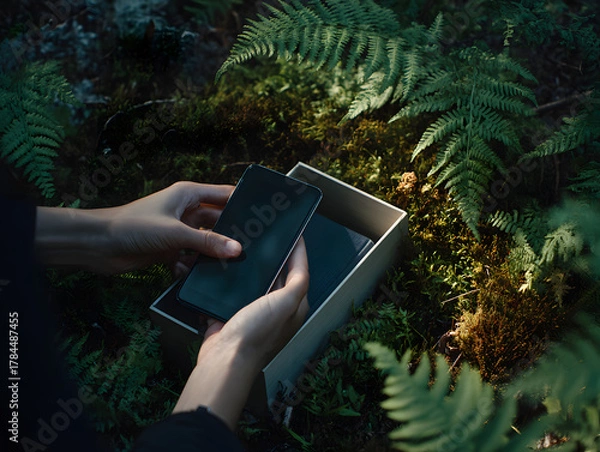 Obraz Person practices digital detox by placing smartphone in box surrounded by green ferns and moss in forest, symbolizing mindfulness and nature connection