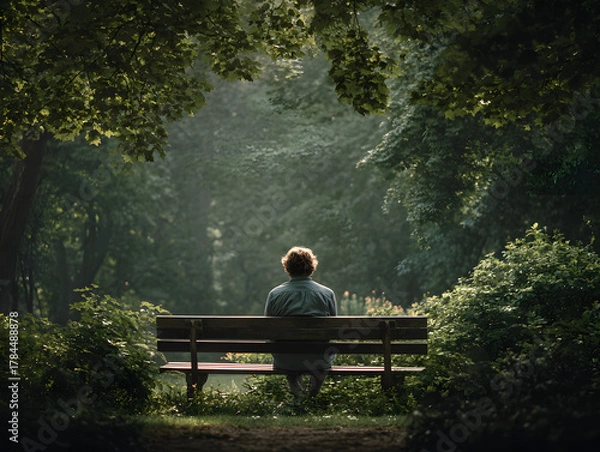 Obraz Person sits alone on wooden park bench surrounded by lush green trees and foliage, sunlight filtering through leaves, creating peaceful and contemplative atmosphere