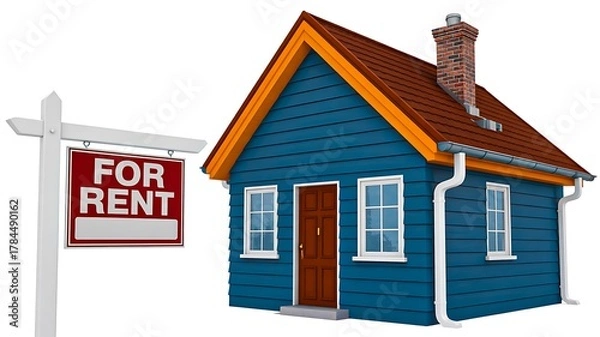 Obraz Blue house with For Rent sign representing rental property and real estate leasing concept
