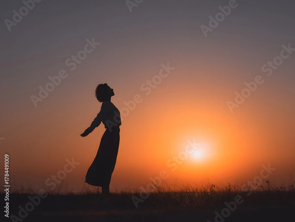 Obraz Silhouette of person standing in field at sunrise with arms outstretched, expressing freedom and peace in tranquil natural landscape