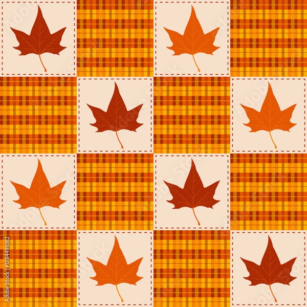 Fototapeta Autumn Maple Leaf Patchwork Check Seamless Pattern