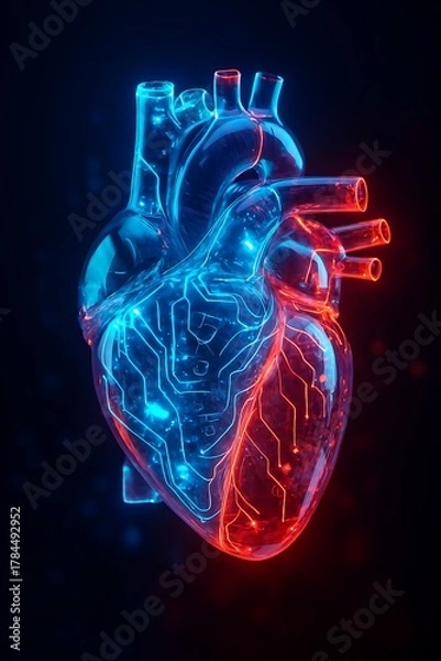 Obraz Futuristic human heart made of transparent glass and glowing circuits, neon blue and red lighting, cybernetic anatomy concept.
