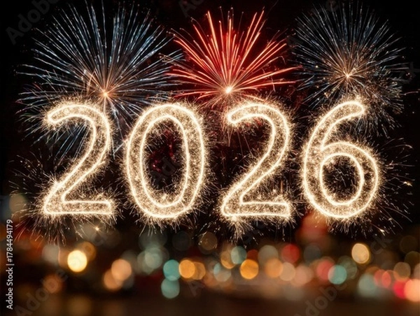 Obraz Bright 2026 Firework Display over Night Bokeh.