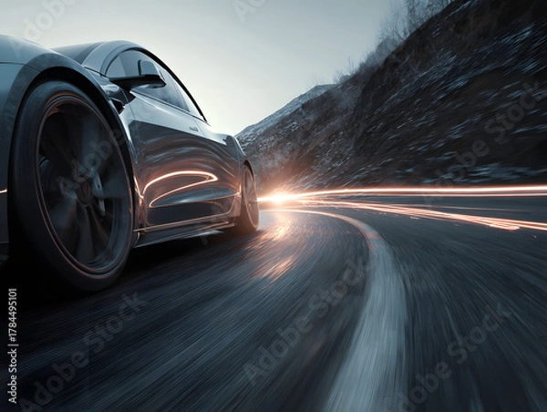 Obraz Dynamic electric car speeding on winding mountain road at dusk, low angle shot with motion blur and glowing light trails, conveying excitement and futuristic energy