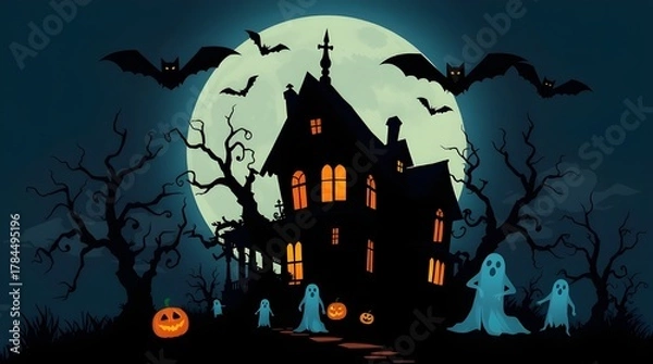 Fototapeta Spooky haunted castle on a dark Halloween night with bats and a large moon